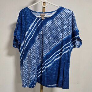 Chico's Cold Shoulder Batik Look Short Sleeve Cotton Shirt Size 3